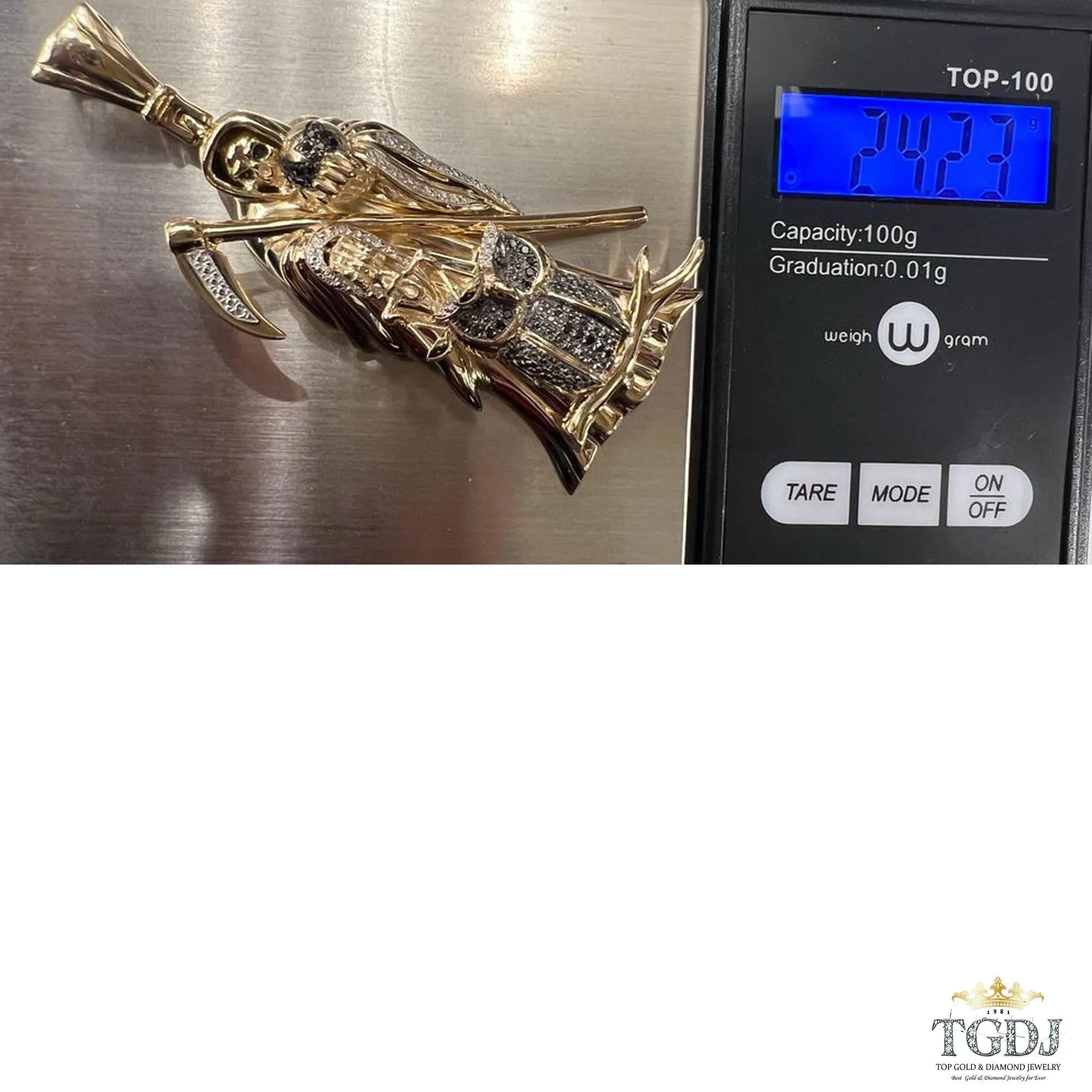 10k Yellow Gold Diamond Santa Muerte Grim Reaper 0.20ct Diamond Pendant, Holy Death Santa Muerte, Gold Santa Muerte- Custom jewelry