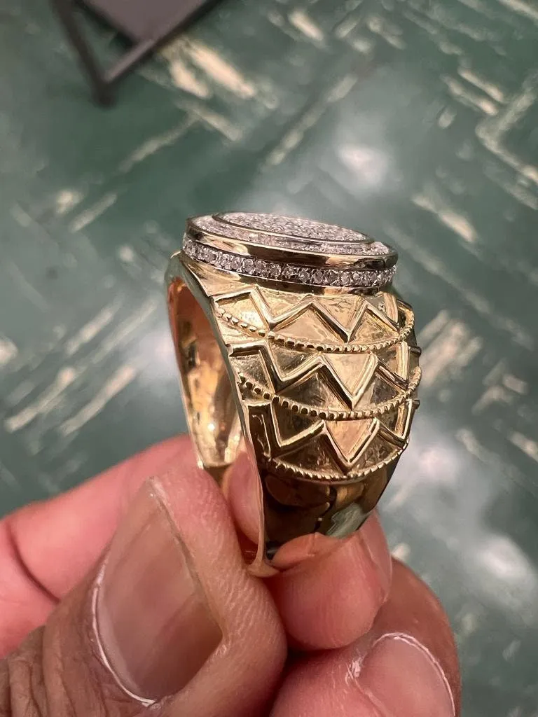 10K Yellow Gold Hip Hop Diamond Men's Ring Super Iced Out Large Round Simulated Real Diamond Ring Band 0.35Ct 5.47 Grams  Size 10