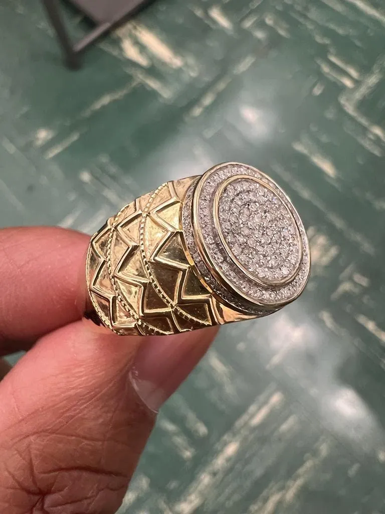 10K Yellow Gold Hip Hop Diamond Men's Ring Super Iced Out Large Round Simulated Real Diamond Ring Band 0.35Ct 5.47 Grams  Size 10