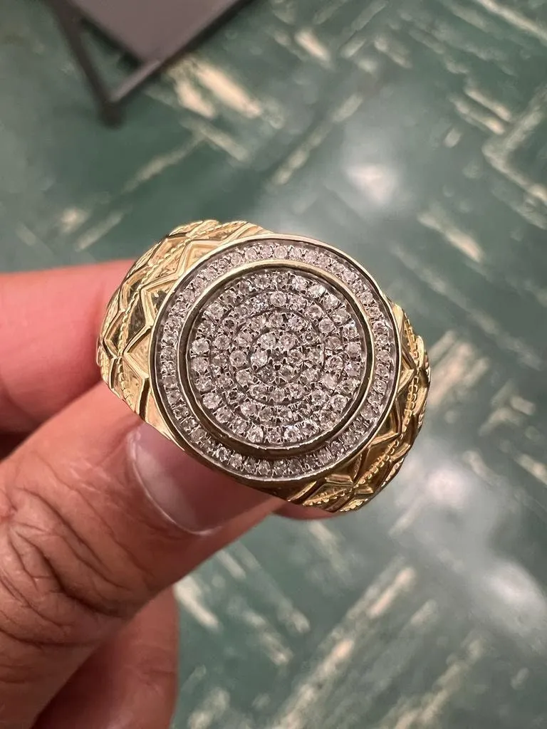 10K Yellow Gold Hip Hop Diamond Men's Ring Super Iced Out Large Round Simulated Real Diamond Ring Band 0.35Ct 5.47 Grams  Size 10