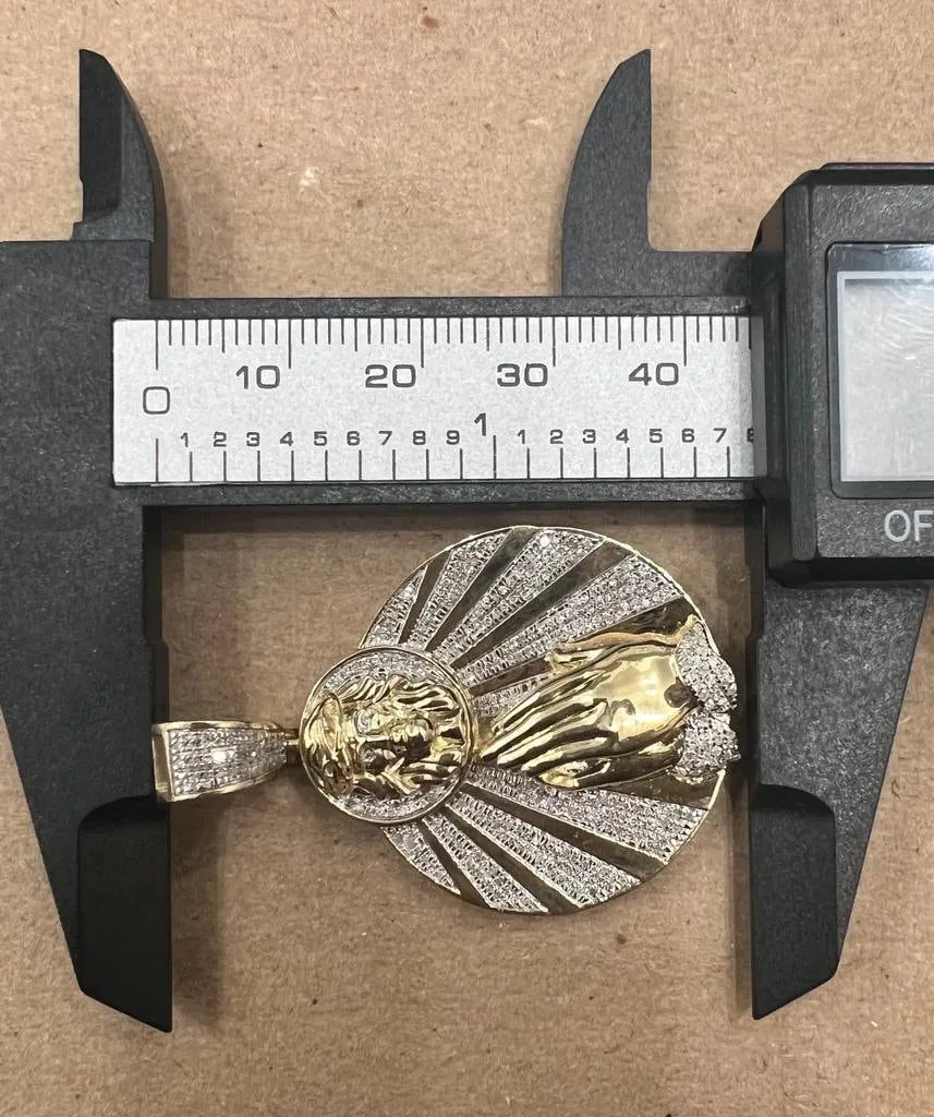 10K Yellow Gold Jesus Head with Praying Hands Medallion Diamond Pendant 0.48 CT, Men Medallion Cross Crucifix Jesus Christ Pendant Charm