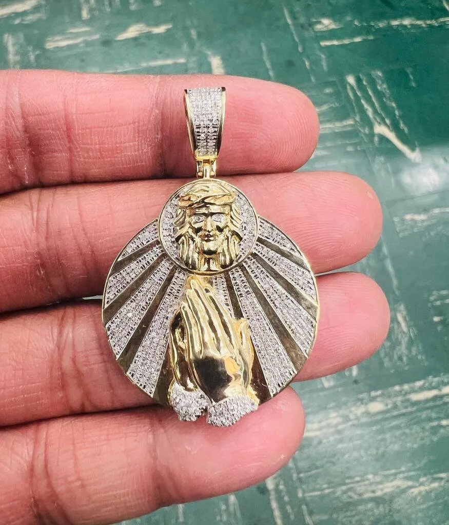 10K Yellow Gold Jesus Head with Praying Hands Medallion Diamond Pendant 0.48 CT, Men Medallion Cross Crucifix Jesus Christ Pendant Charm