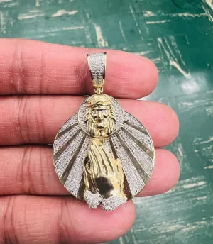 10K Yellow Gold Jesus Head with Praying Hands Medallion Diamond Pendant 0.48 CT, Men Medallion Cross Crucifix Jesus Christ Pendant Charm