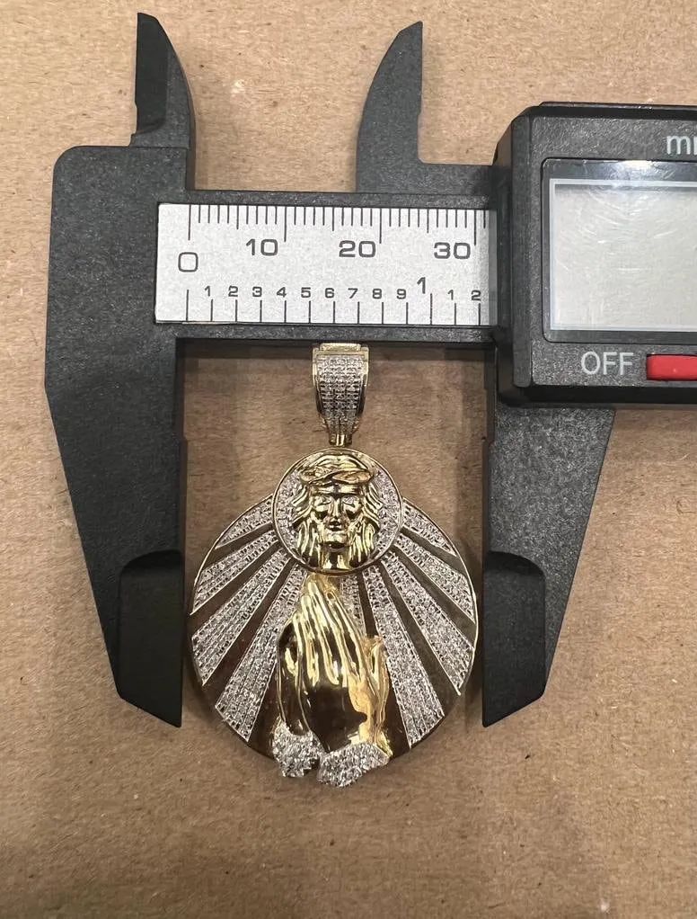 10K Yellow Gold Jesus Head with Praying Hands Medallion Diamond Pendant 0.48 CT, Men Medallion Cross Crucifix Jesus Christ Pendant Charm