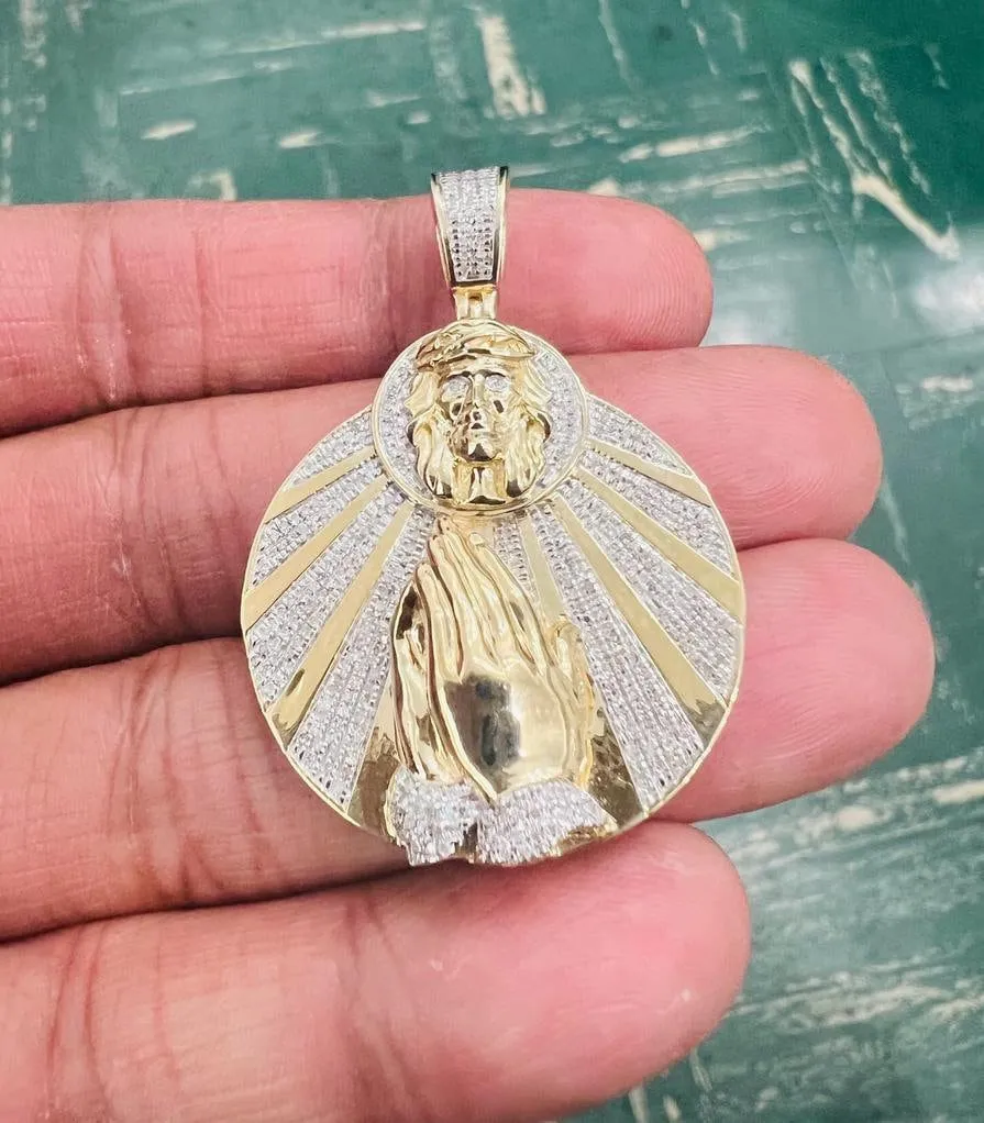 10K Yellow Gold Jesus Head with Praying Hands Medallion Diamond Pendant 0.48 CT, Men Medallion Cross Crucifix Jesus Christ Pendant Charm