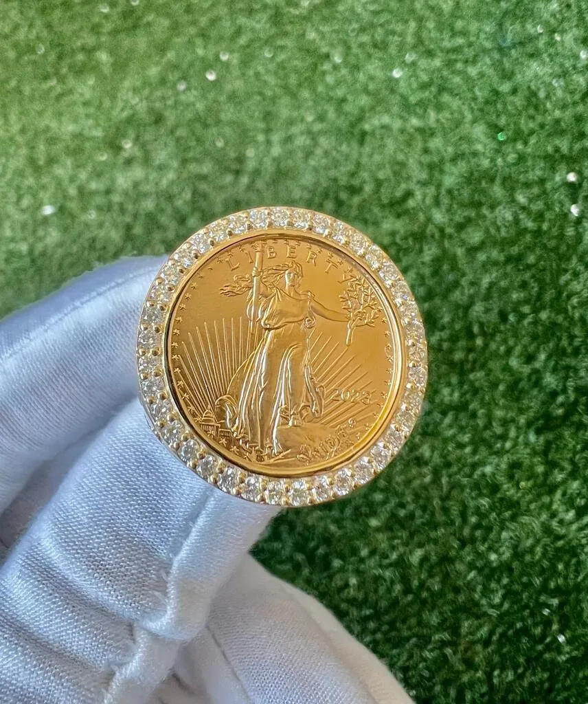 10K Yellow Gold Liberty Coin Ring, American Liberty Coin Genuine Diamond Ring 0.95 Ct, 25.23 Grams Size 10, Mens Finger Ring, Gift for Him