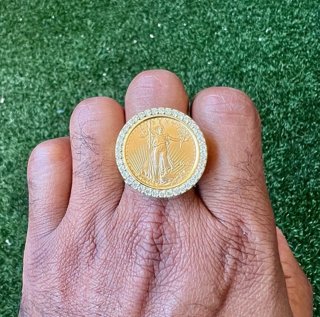 10K Yellow Gold Liberty Coin Ring, American Liberty Coin Genuine Diamond Ring 0.95 Ct, 25.23 Grams Size 10, Mens Finger Ring, Gift for Him