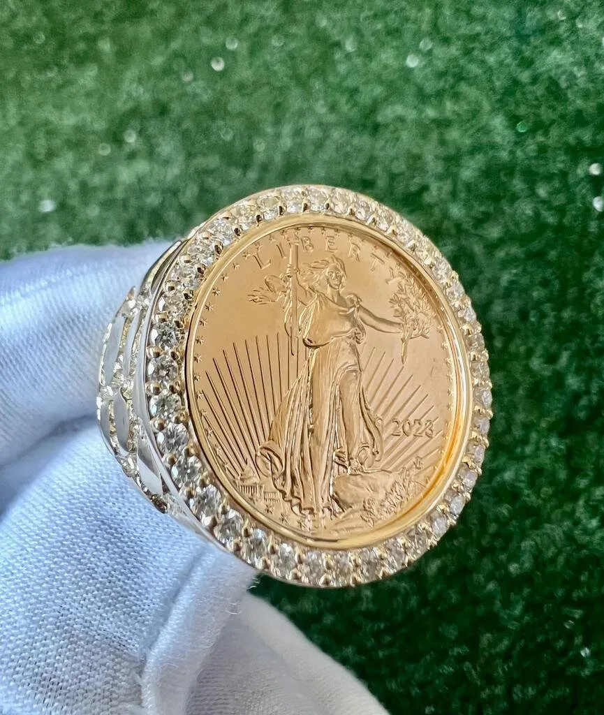 10K Yellow Gold Liberty Coin Ring, American Liberty Coin Genuine Diamond Ring 0.95 Ct, 25.23 Grams Size 10, Mens Finger Ring, Gift for Him
