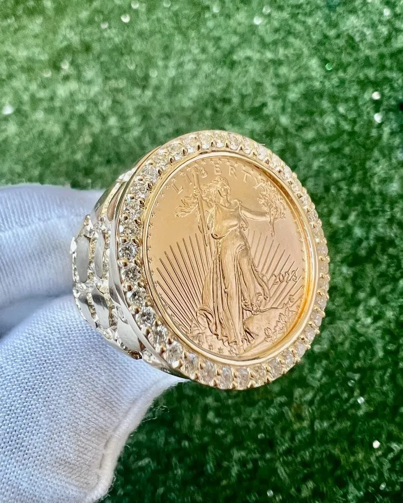 10K Yellow Gold Liberty Coin Ring, American Liberty Coin Genuine Diamond Ring 0.95 Ct, 25.23 Grams Size 10, Mens Finger Ring, Gift for Him