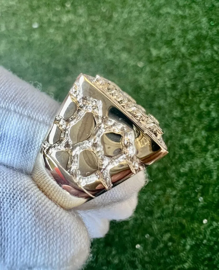 10K Yellow Gold Mens Round Cut Diamond Nugget Style Pave Set Pinky Ring 0.65 Ct Iced Out Ring, Pinky Ring, Mens Hip Hop Ring
