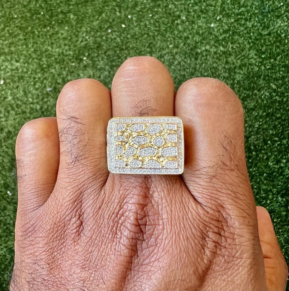 10K Yellow Gold Mens Round Cut Diamond Nugget Style Pave Set Pinky Ring 0.65 Ct Iced Out Ring, Pinky Ring, Mens Hip Hop Ring
