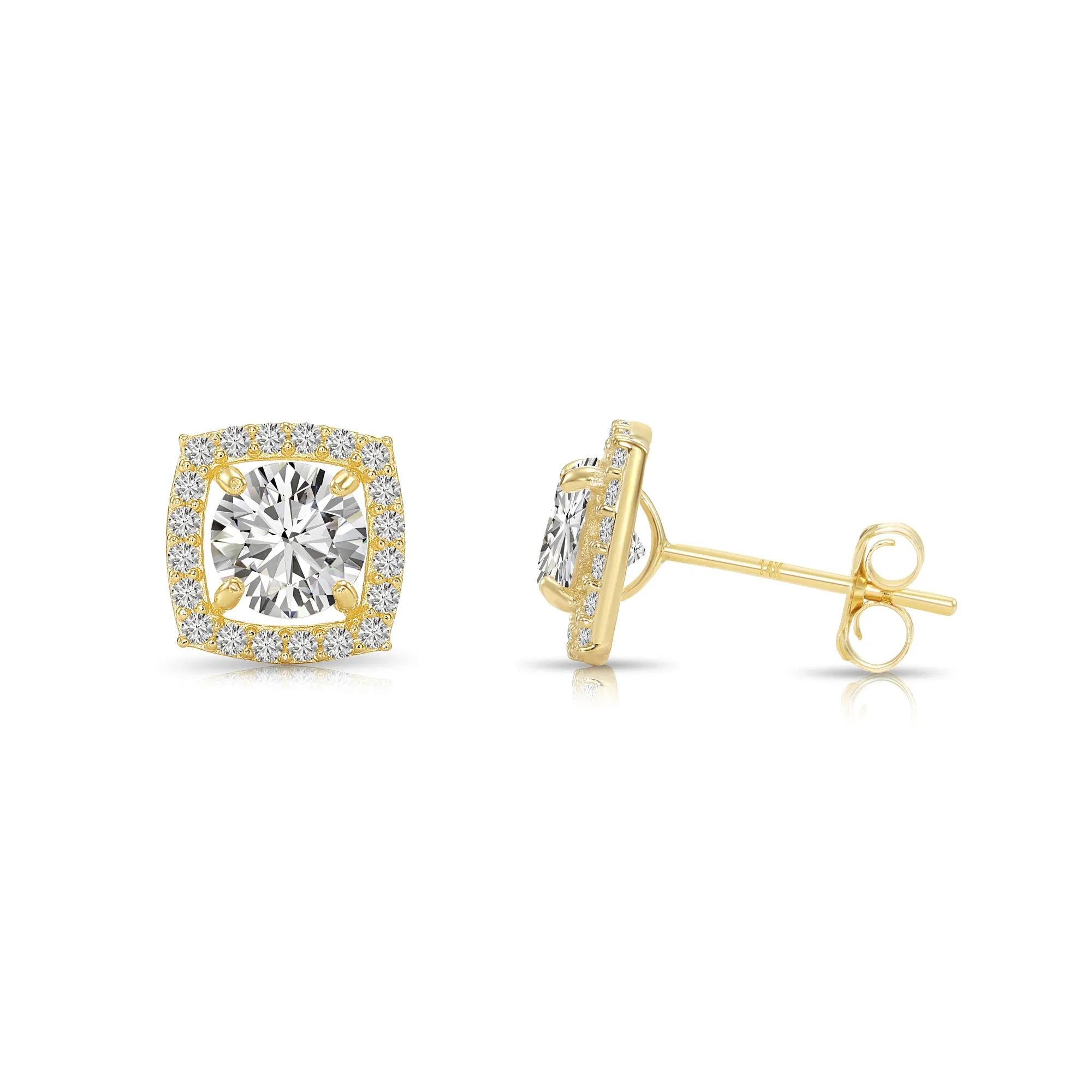14k Yellow Gold Cushion Halo with Round Center Stone Stud Earrings - Push Backs