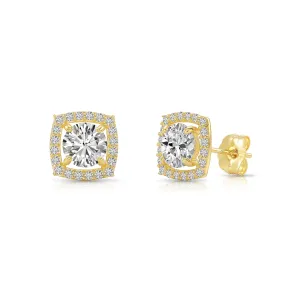 14k Yellow Gold Cushion Halo with Round Center Stone Stud Earrings - Push Backs