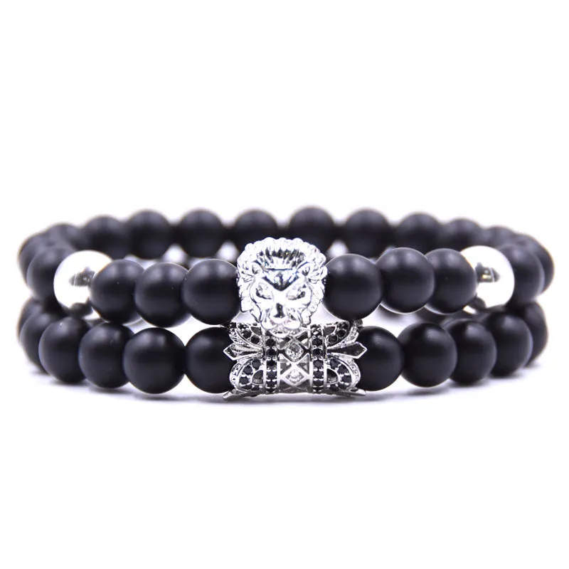 2 Pieces Of Men's Black Micro-inlaid Zircon Bracelet Set  With Beast, King, Lion Head For Couples