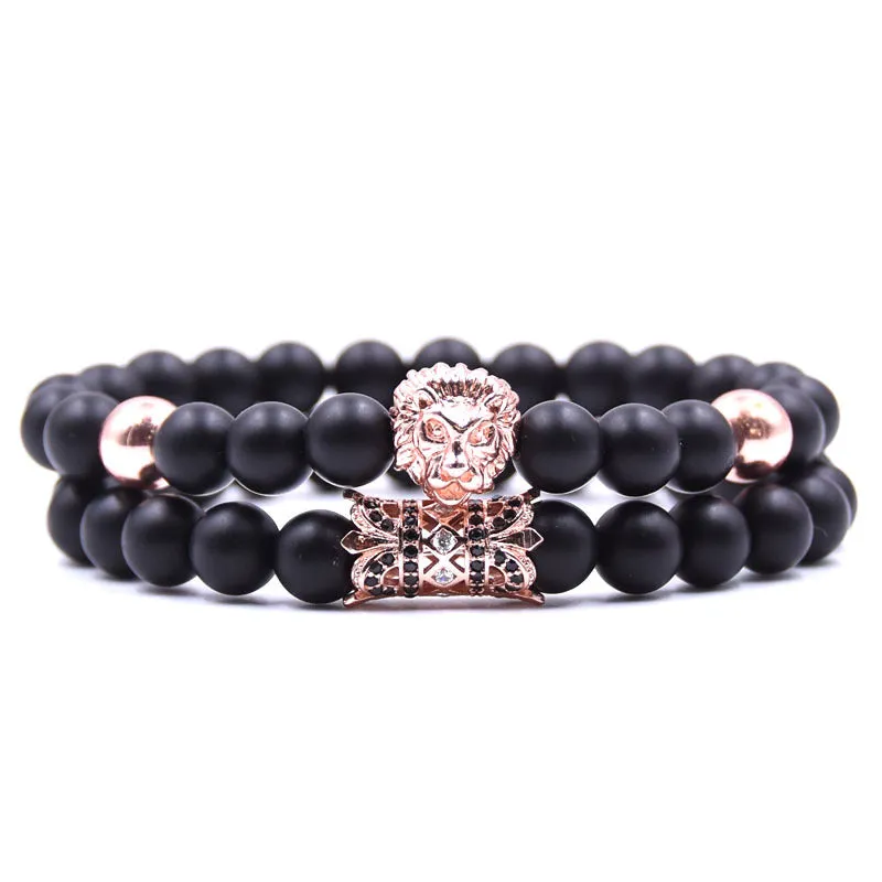 2 Pieces Of Men's Black Micro-inlaid Zircon Bracelet Set  With Beast, King, Lion Head For Couples