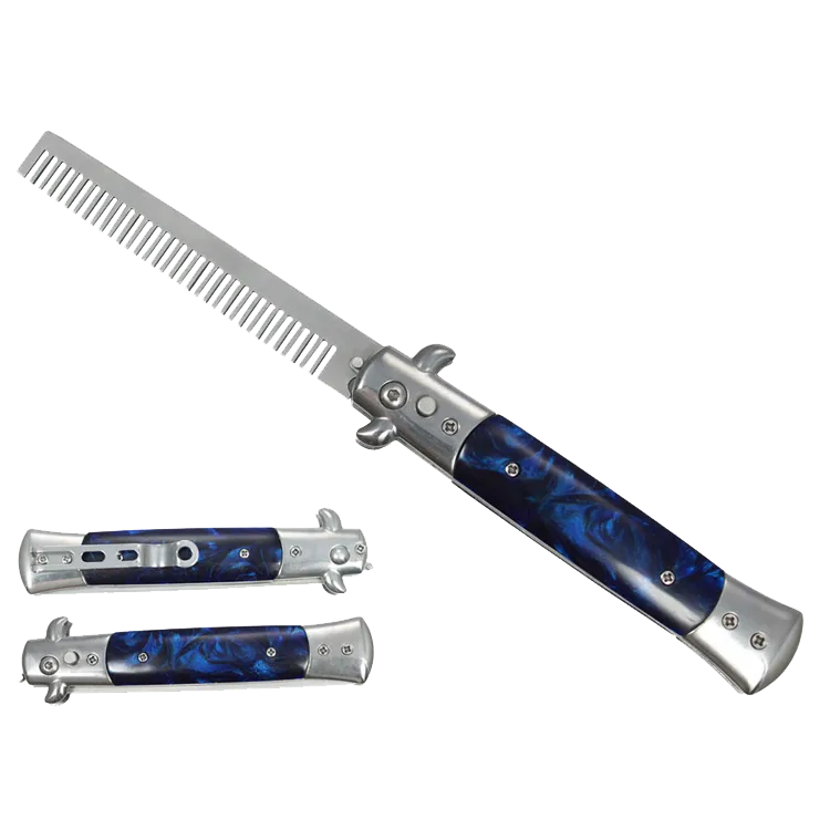 9 1/2" Button Press Blade Comb Faux Blue Marble