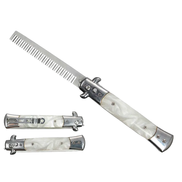 9 1/2" Button Press Blade Comb Faux White Marble