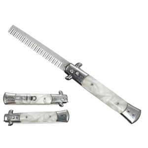 9 1/2" Button Press Blade Comb Faux White Marble