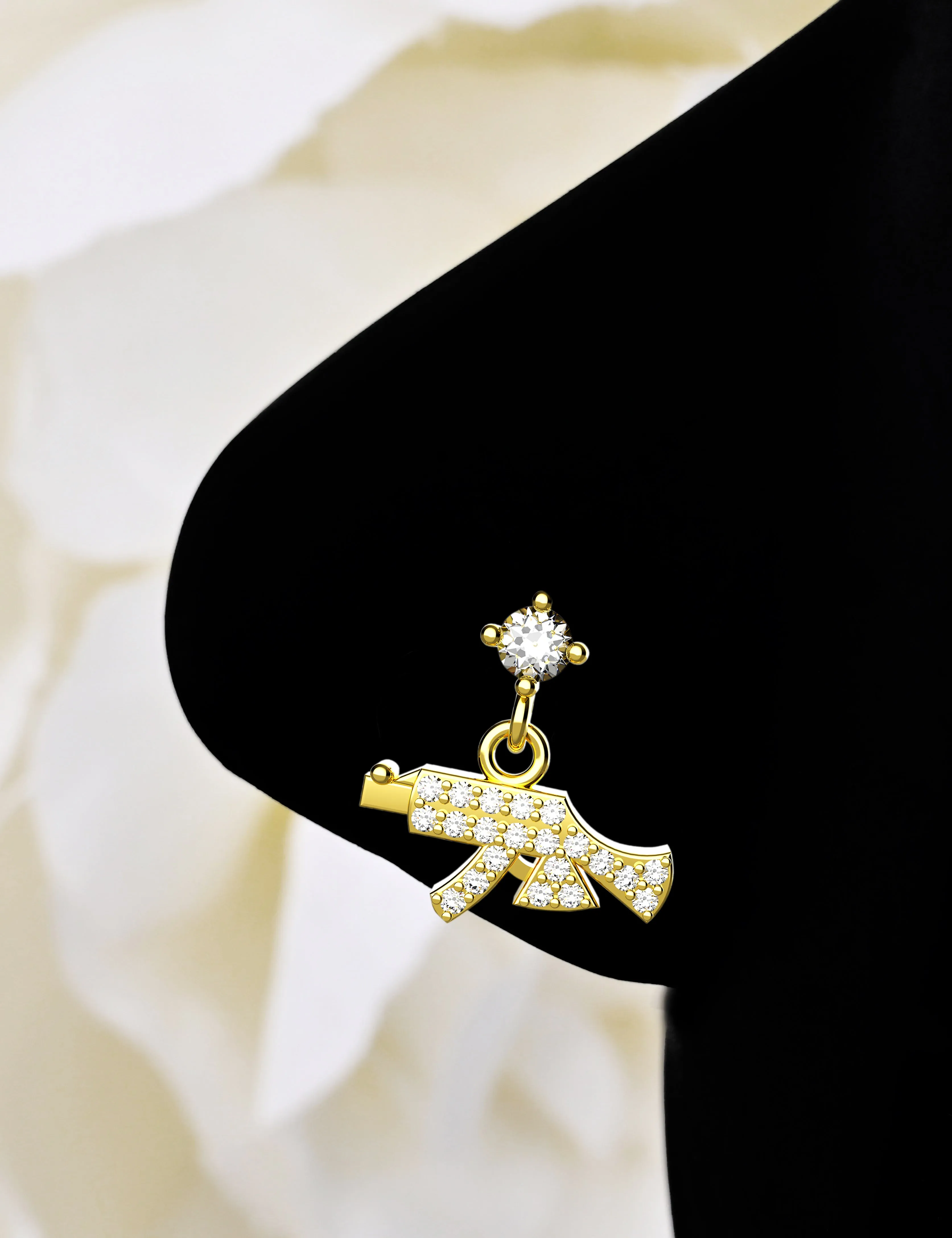 AK-47 Dangle Nose Ring – Gun Nose Piercing Jewelry in 14K Gold