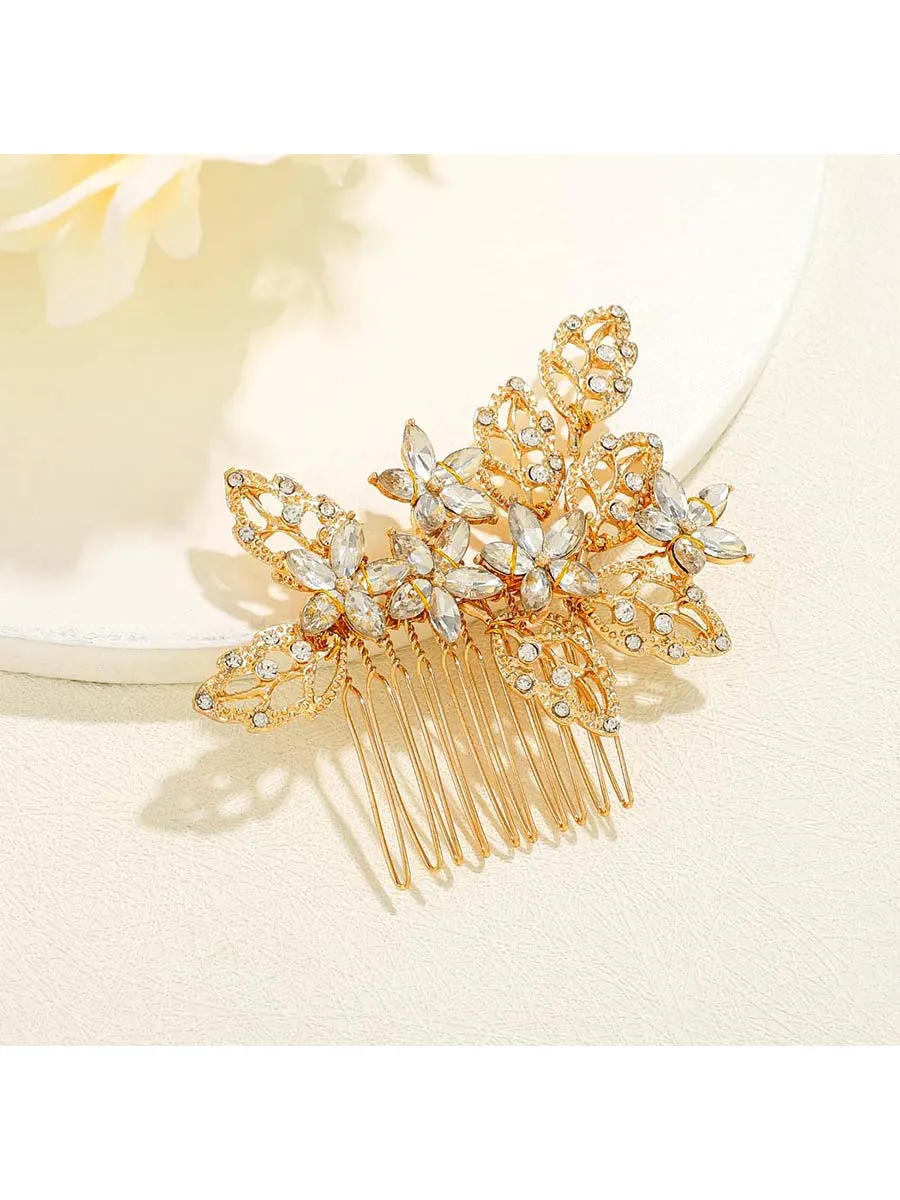 Crystal Bride Wedding Hair Comb Gold Side Comb Leaf Bridal Hair Piece Flower Hairpiece Wedding Hair Accessories