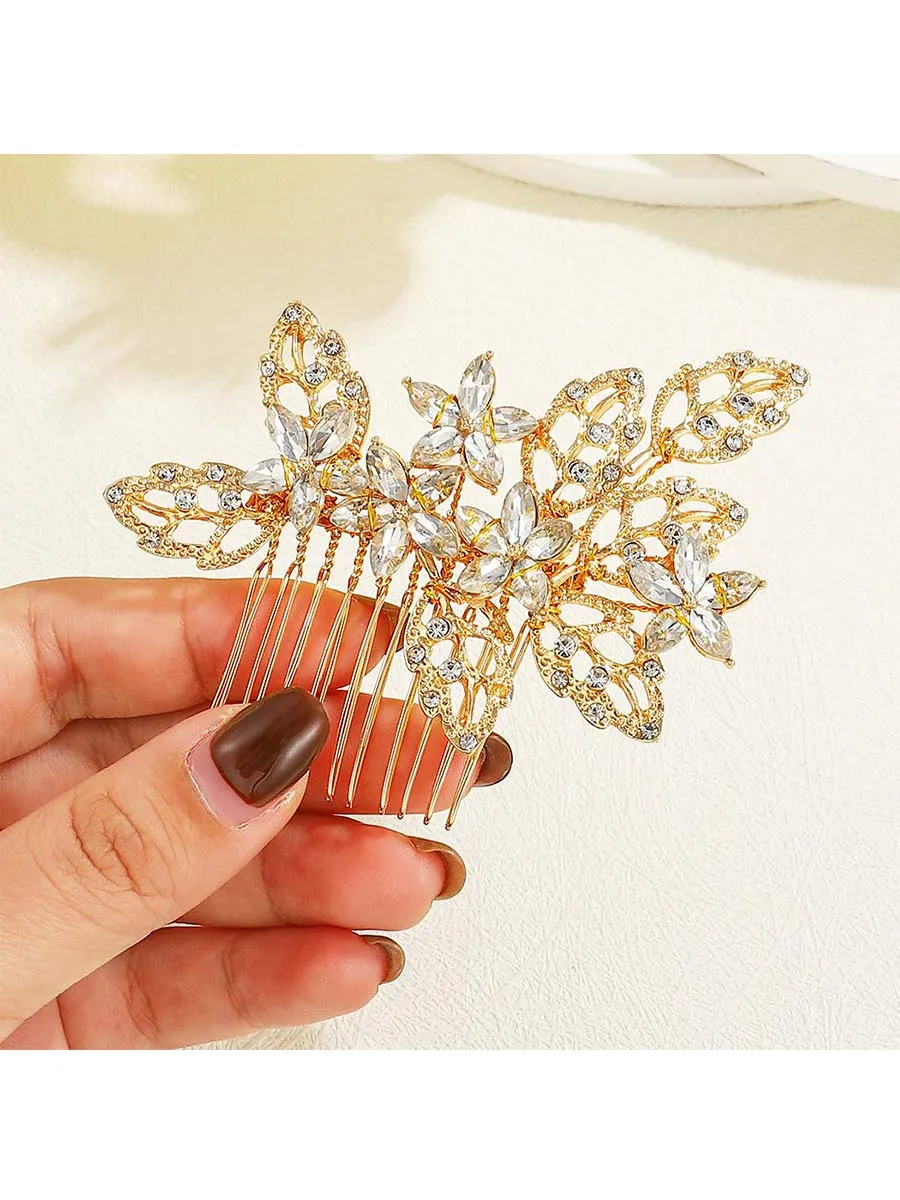 Crystal Bride Wedding Hair Comb Gold Side Comb Leaf Bridal Hair Piece Flower Hairpiece Wedding Hair Accessories