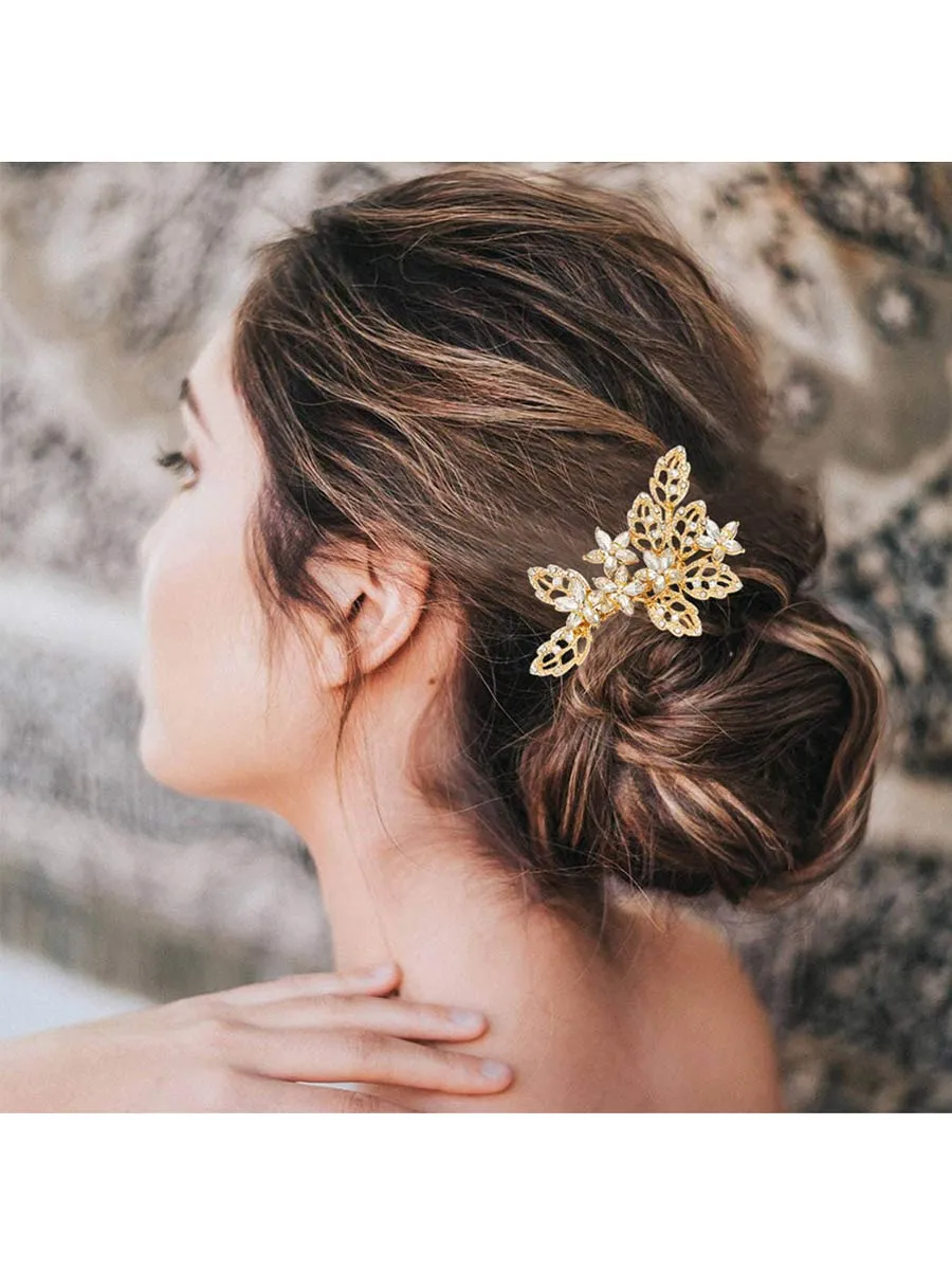 Crystal Bride Wedding Hair Comb Gold Side Comb Leaf Bridal Hair Piece Flower Hairpiece Wedding Hair Accessories