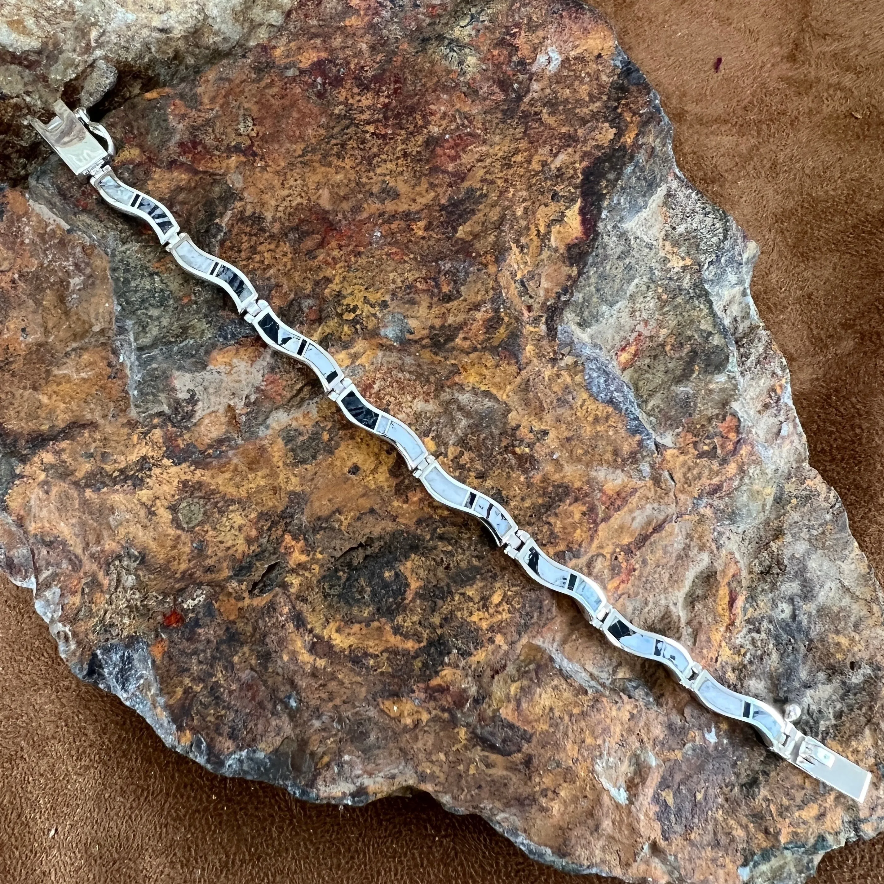 David Rosales White Buffalo Inlaid Sterling Silver Wavy Link Bracelet