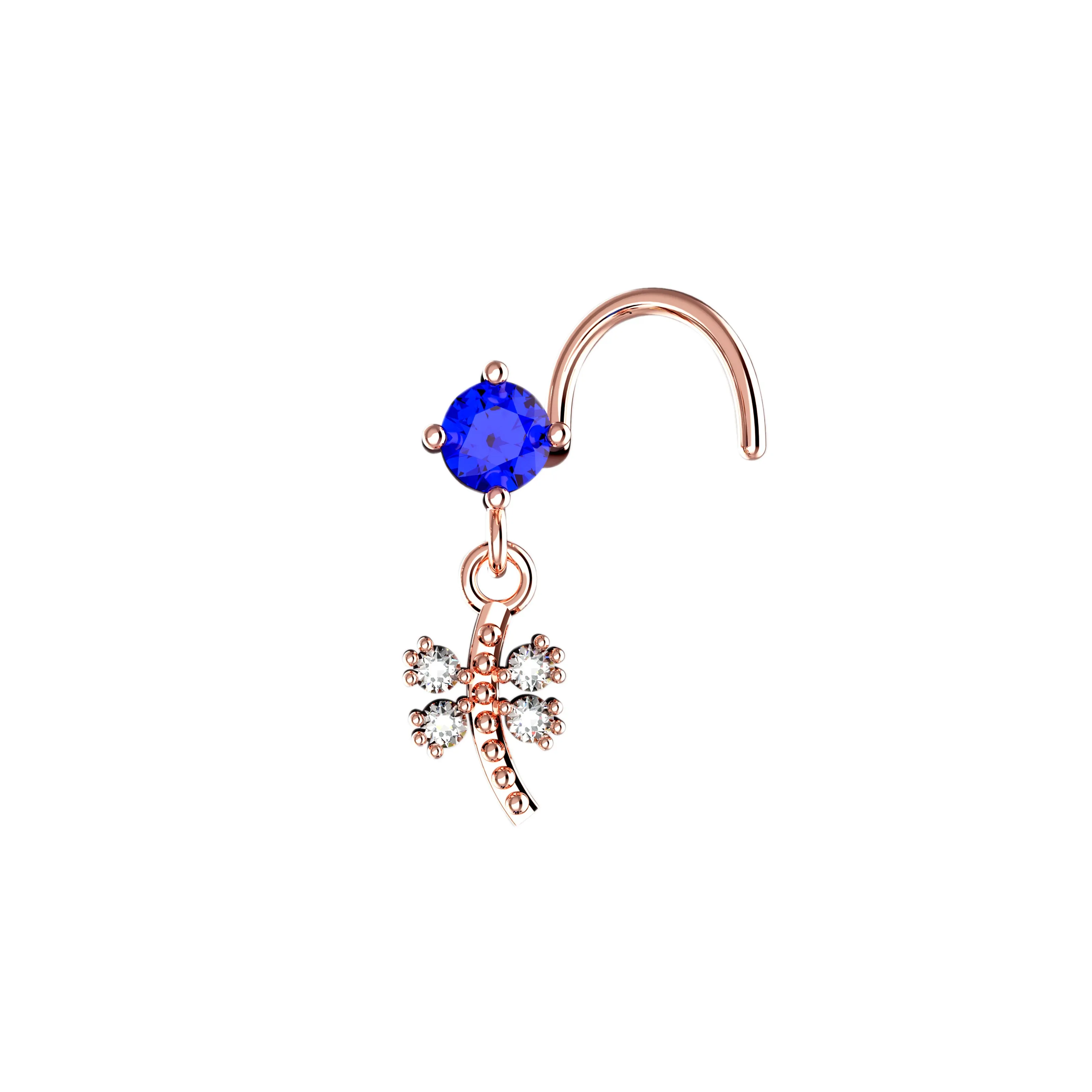 Dragonfly Dangle Nose Ring with Sapphire – Unique Gold Piercing Jewelry for Women