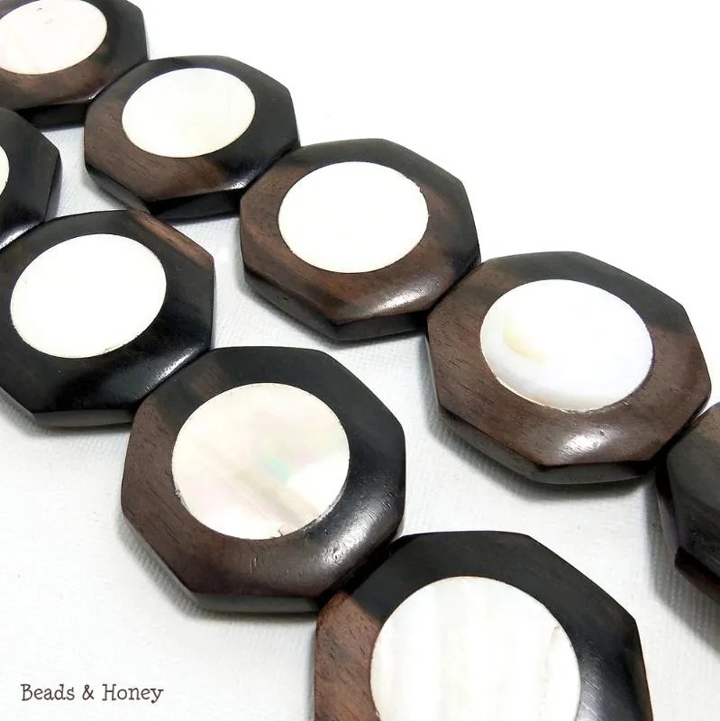 Ebony Wood Focal Bead with White Makabibi Shell Inlay Octagon 35mm (6pcs)