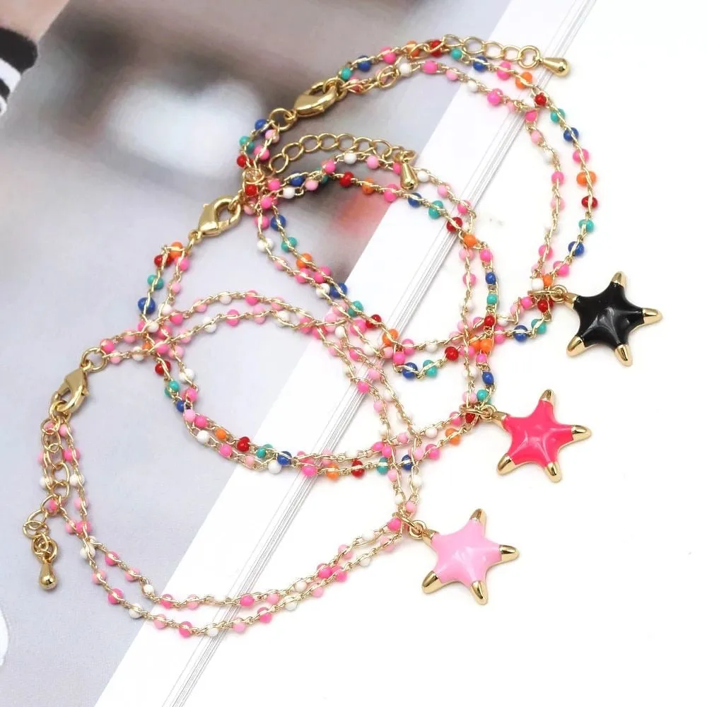 Enamel Star Charm Pendant Bracelet Black
