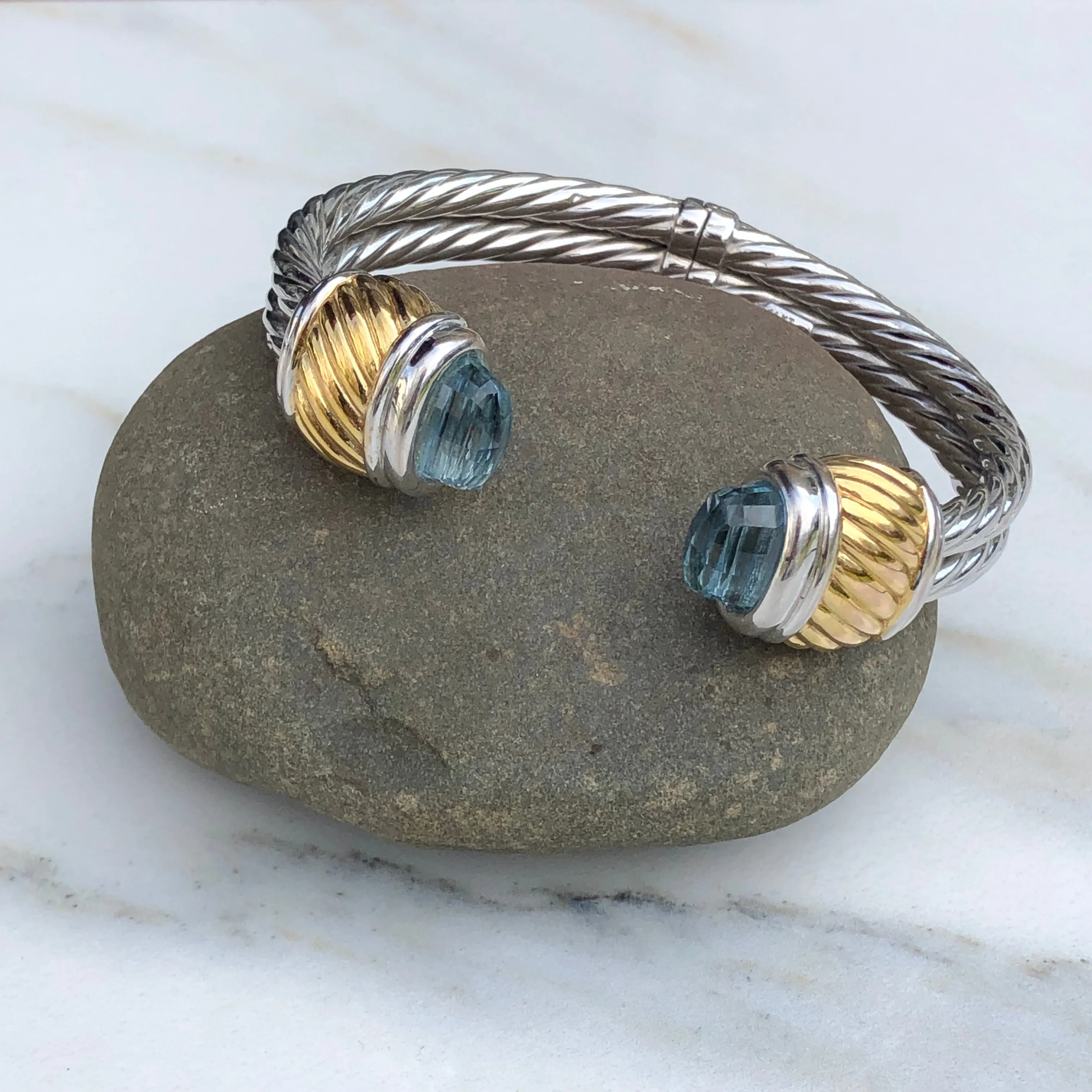 Estate 14KT Yellow Gold   White Gold Briolette Topaz Bangle Bracelet