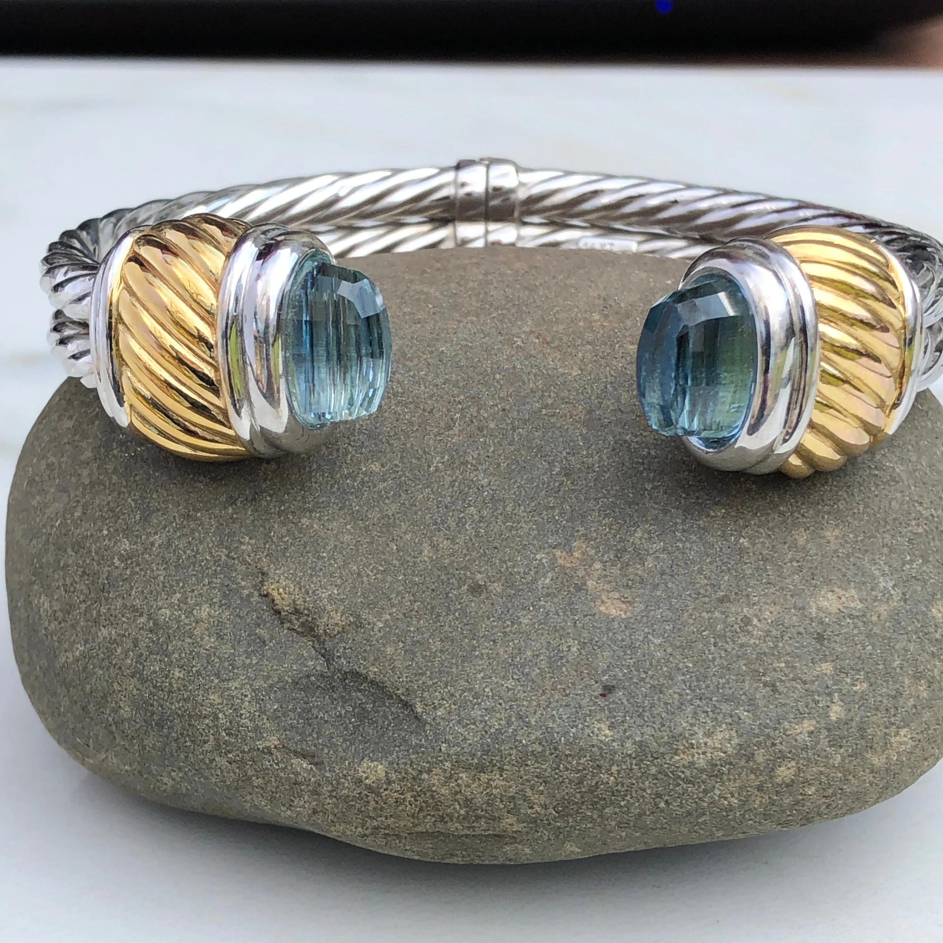 Estate 14KT Yellow Gold   White Gold Briolette Topaz Bangle Bracelet