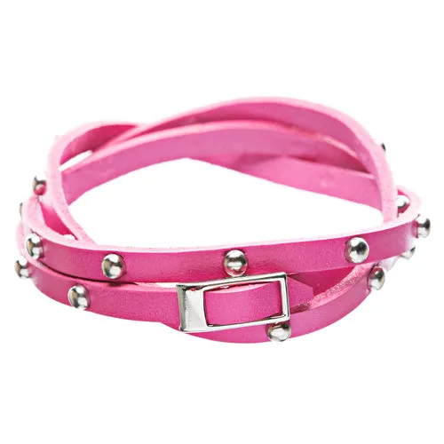 Fuschia Silver Stud Italian Calf Leather Wrap Bracelet