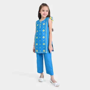 Girls Jacquard 2PCs Suit Folk Love - Blue