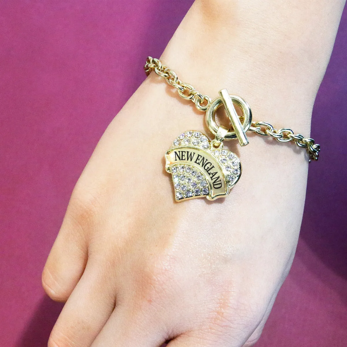 Gold New England Pave Heart Charm Toggle Bracelet