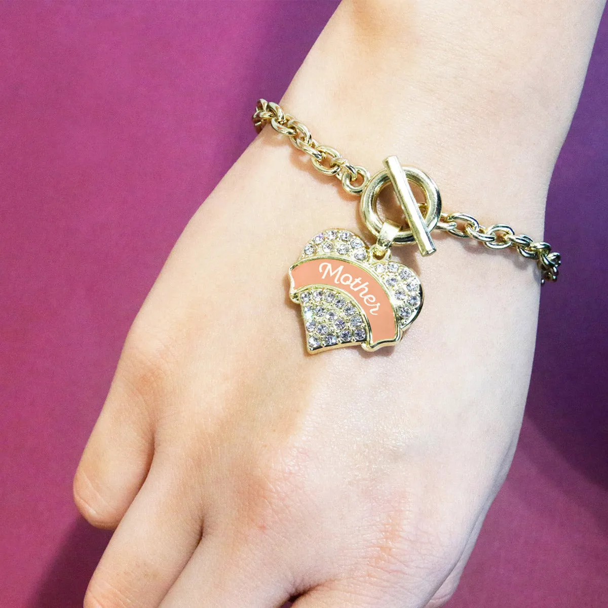 Gold Peach Mother Pave Heart Charm Toggle Bracelet