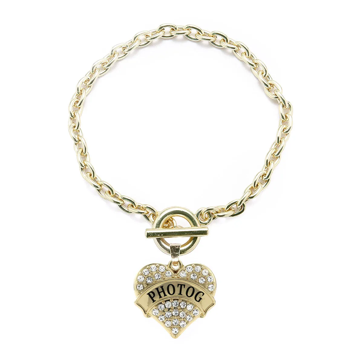 Gold Photog Pave Heart Charm Toggle Bracelet