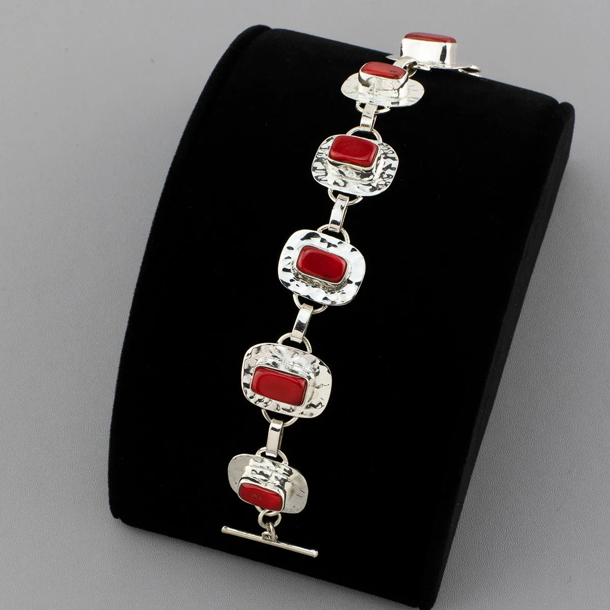 Hammered Silver and Red Coral Link Bracelet