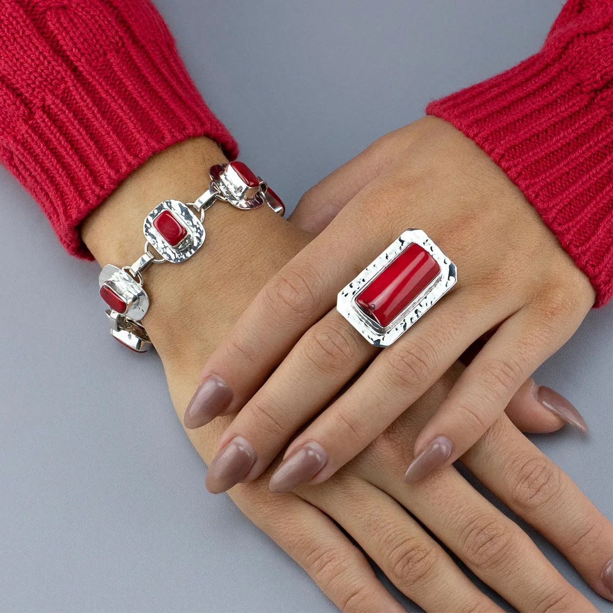 Hammered Silver and Red Coral Link Bracelet