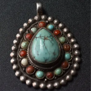 Handmade Vintage Turquoise and Coral  Sterling Silver Pendant