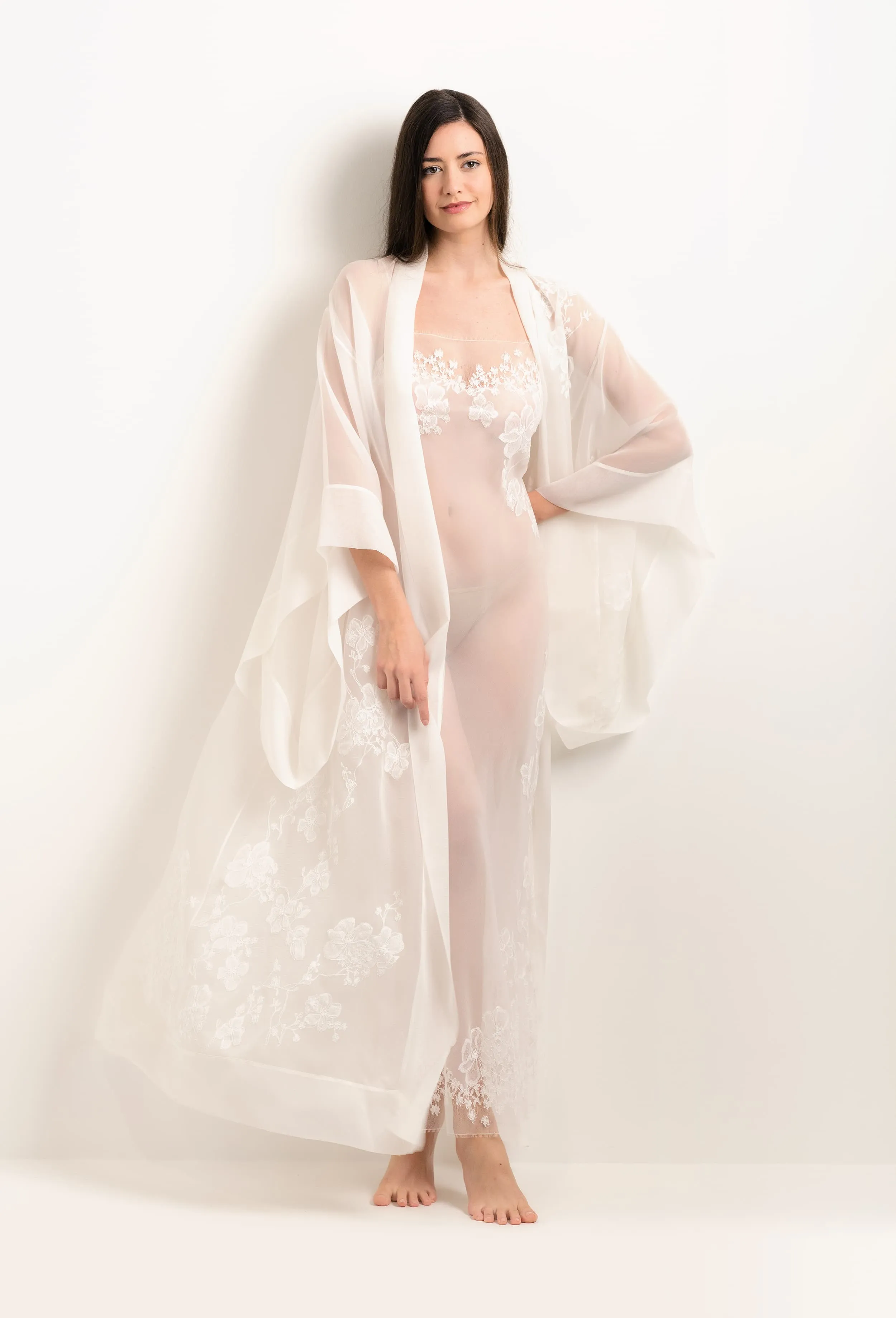 Long silk slip dress - Natural and Natural Sakura lace