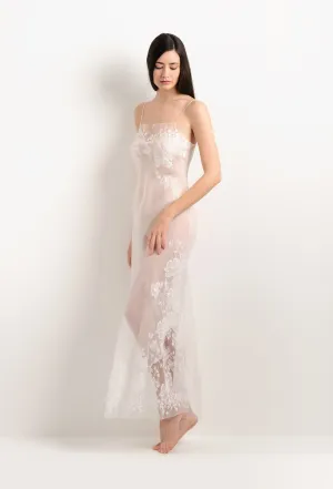 Long silk slip dress - Natural and Natural Sakura lace