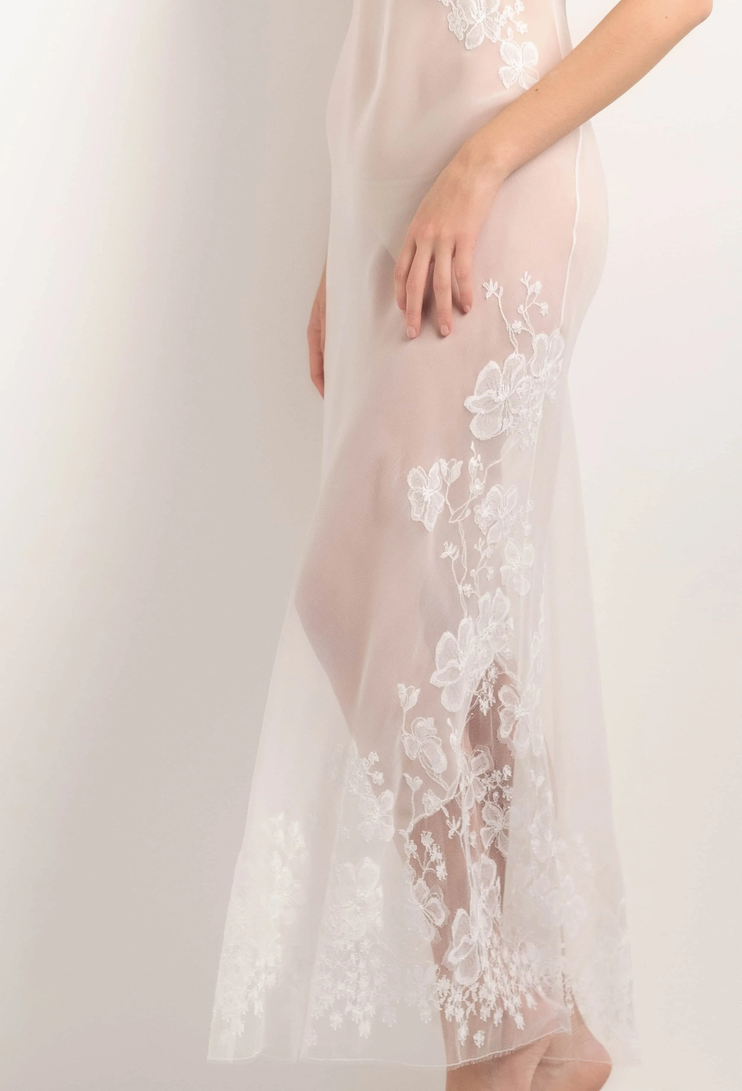 Long silk slip dress - Natural and Natural Sakura lace
