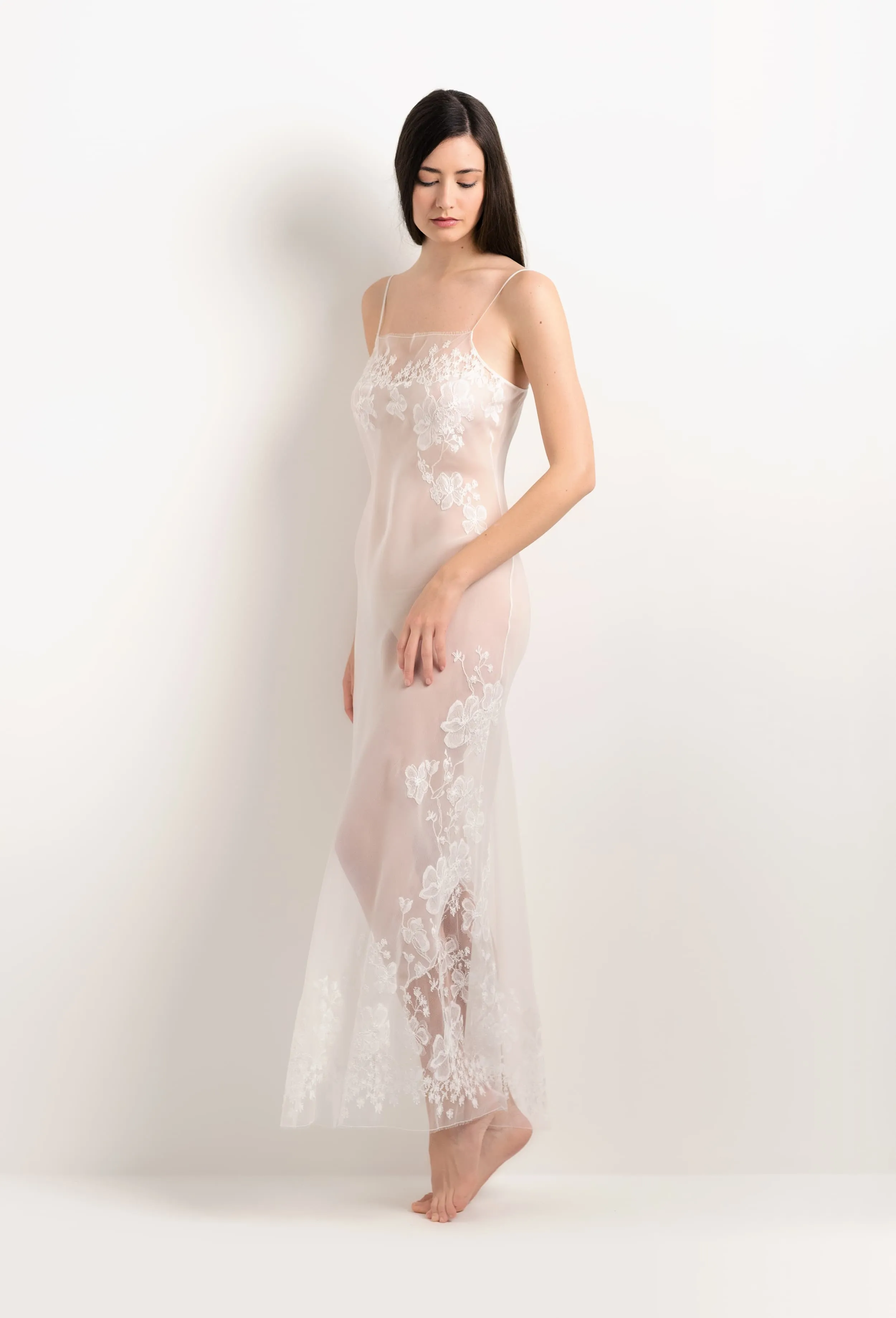 Long silk slip dress - Natural and Natural Sakura lace