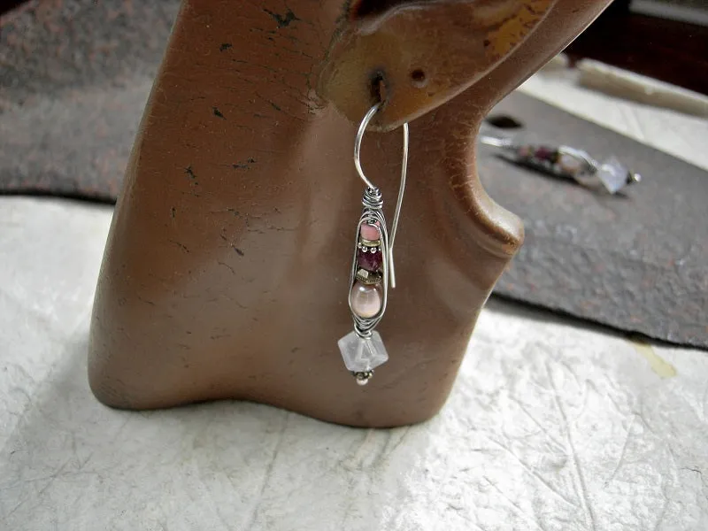 Loves Soft Voice Wrapped Hook Earrings, Sterling, Pink Gemstone, Pearl