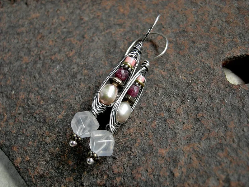 Loves Soft Voice Wrapped Hook Earrings, Sterling, Pink Gemstone, Pearl