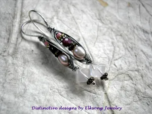 Loves Soft Voice Wrapped Hook Earrings, Sterling, Pink Gemstone, Pearl