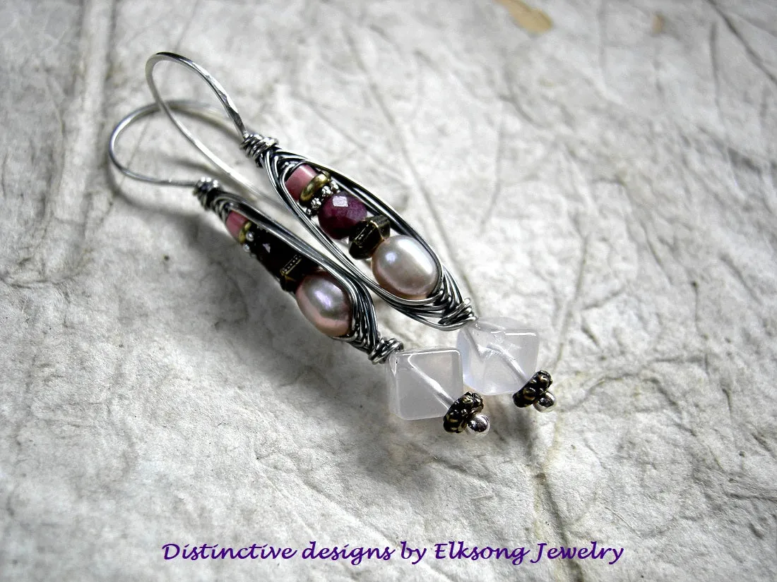 Loves Soft Voice Wrapped Hook Earrings, Sterling, Pink Gemstone, Pearl