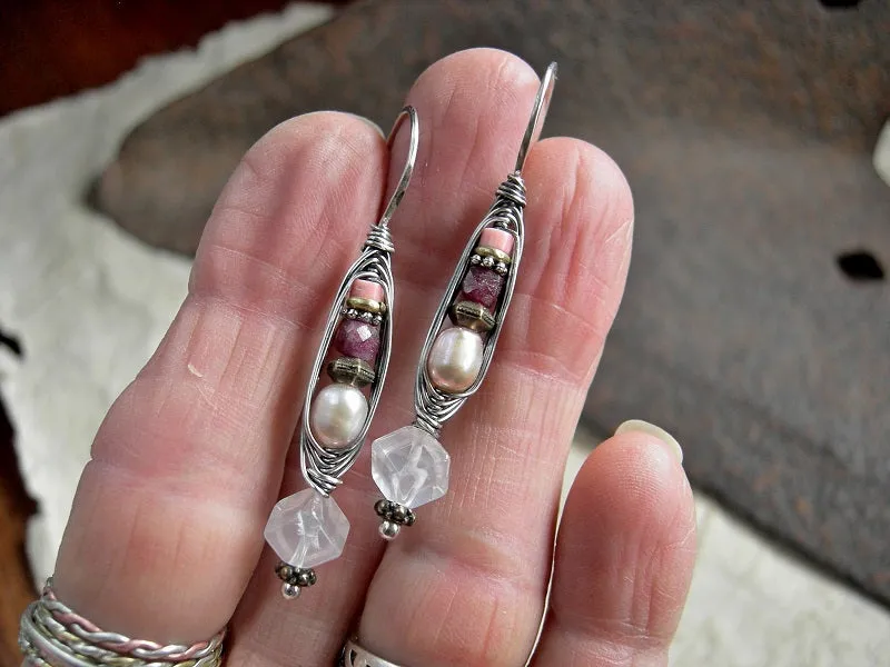 Loves Soft Voice Wrapped Hook Earrings, Sterling, Pink Gemstone, Pearl