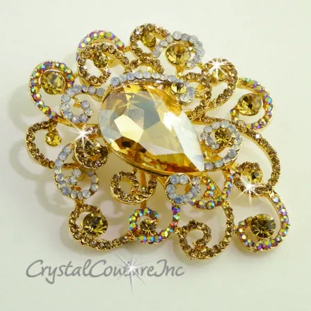 Lt Colorado Topaz Rhinestone Brooch 3.0" x 2.5"